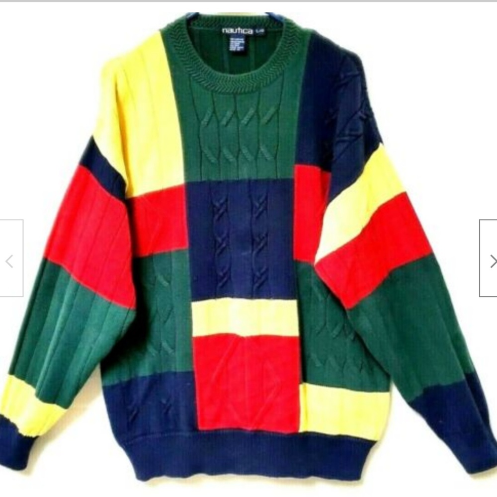 Nautica Sweater Pullover Men Color Block Green L/G